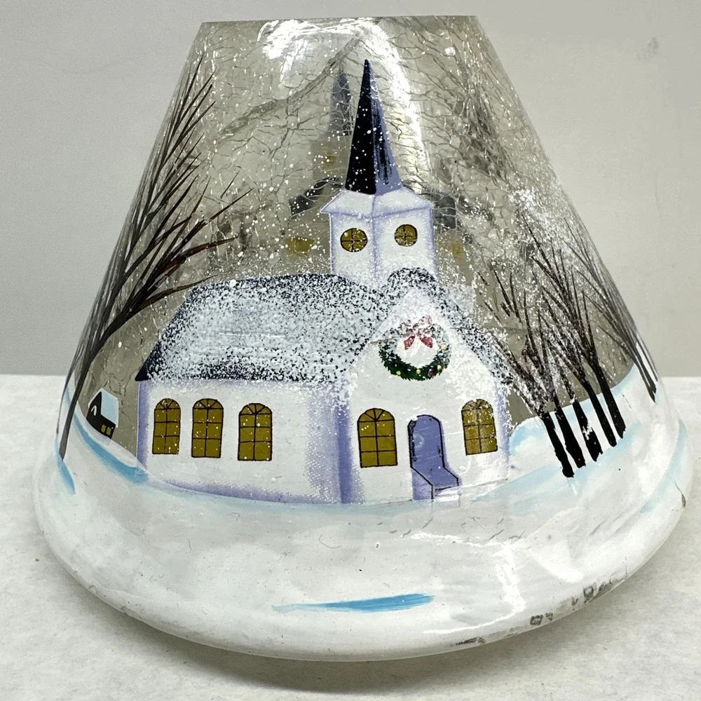 Yankee Candle Crackle Glass Shade Topper Round Plate Winter Snow Chapel Church